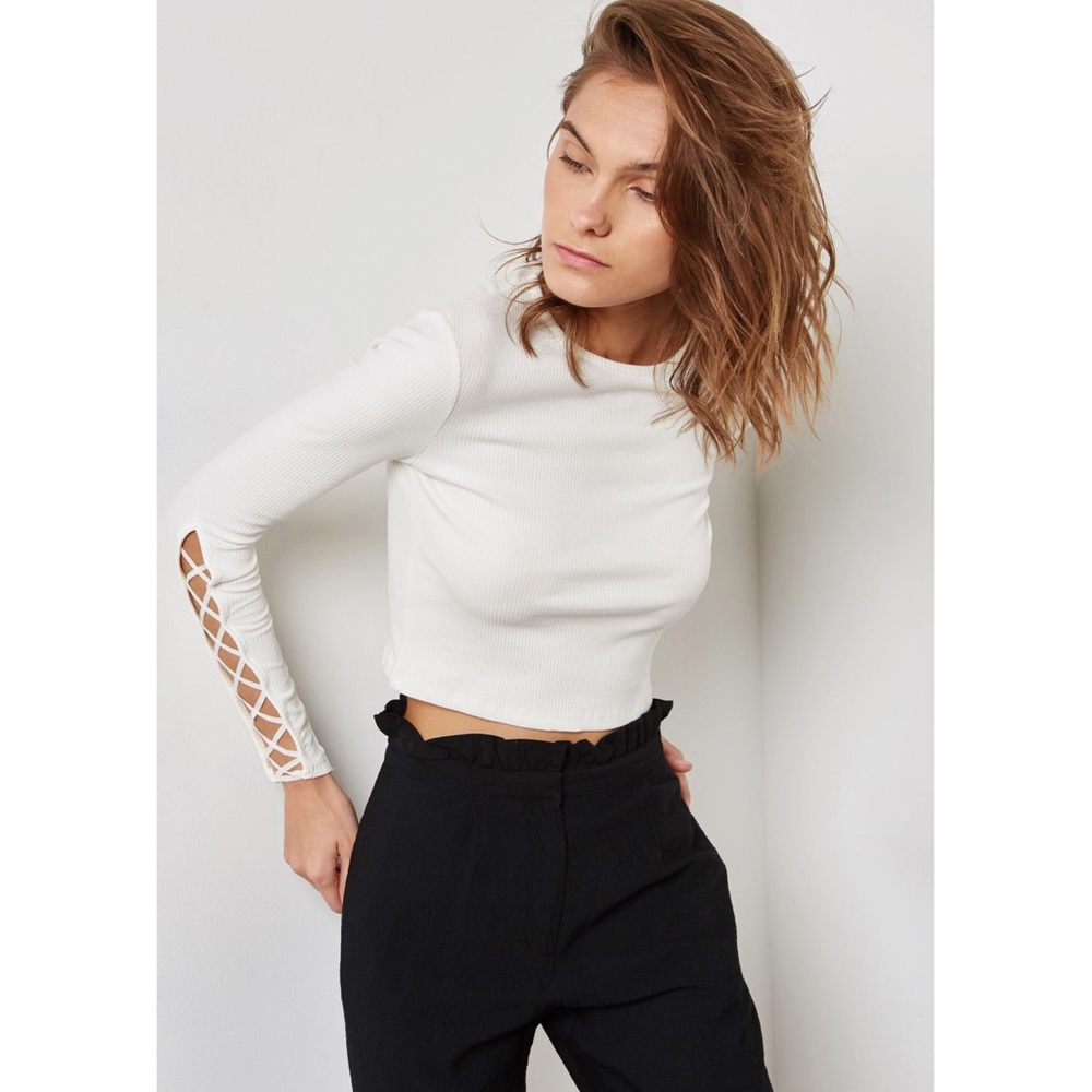 TopShop Lattice Sleeve Ribbed Crop Top